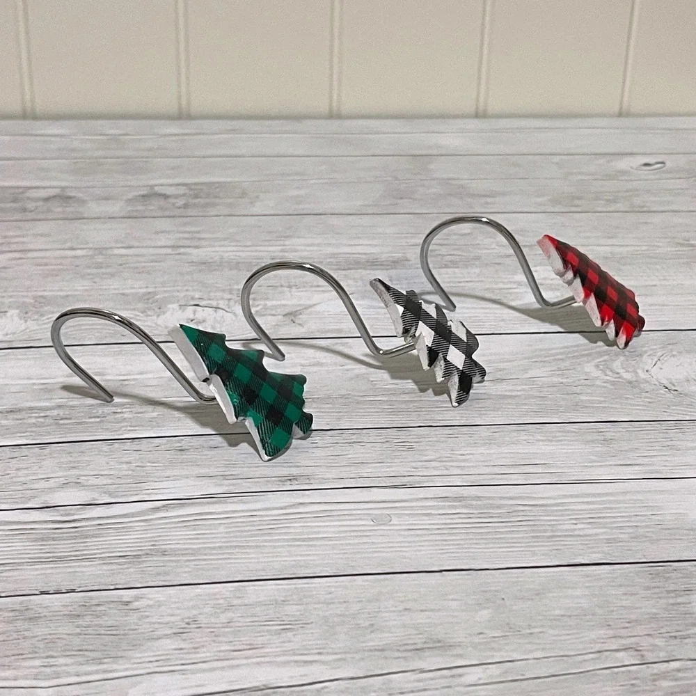 Buffalo Plaid Christmas Tree Shower Curtain Hooks Metal Rustproof Set of 12‎ NEW